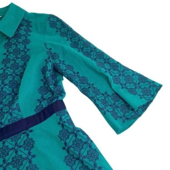 Draper James Embroidered Button Front Shirt Dress Green and Navy Mini Dress - Picture 4 of 6